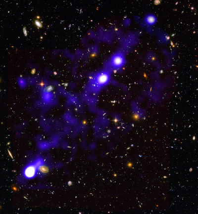 One of the hydrogen filaments (in blue) discovered by MUSE in the Hubble Ultra-Deep Field.