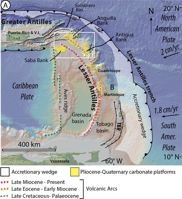 Contexte géologique du secteur étudié (rectangle blanc), à la jonction entre la ride d'Aves, les Petites Antilles et les Grandes Antilles