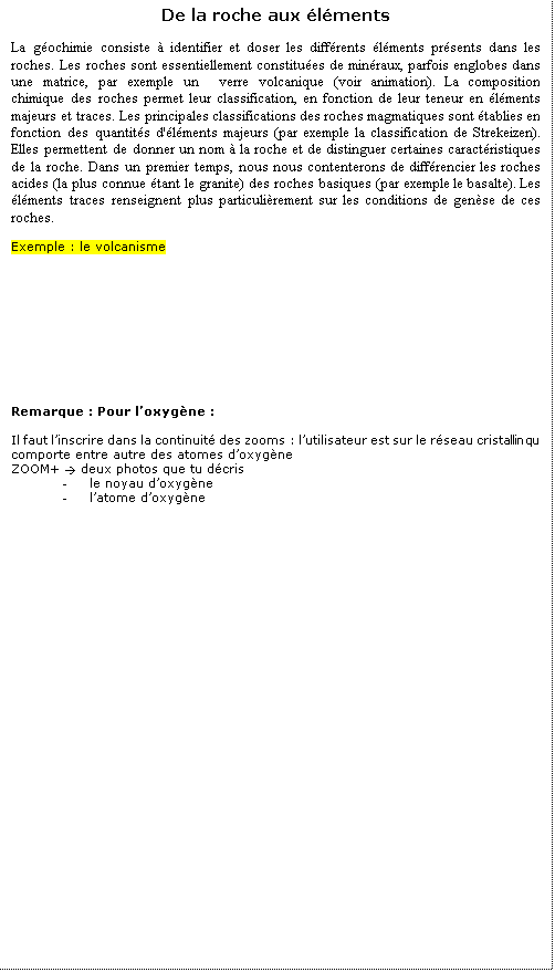 Zone de Texte: De la roche aux lments

La gochimie consiste  identifier et doser les diffrents lments prsents dans les roches. Les roches sont essentiellement constitues de minraux, parfois englobes dans une matrice, par exemple un  verre volcanique (voir animation). La composition chimique des roches permet leur classification, en fonction de leur teneur en lments majeurs et traces. Les principales classifications des roches magmatiques sont tablies en fonction des quantits d'lments majeurs (par exemple la classification de Strekeizen). Elles permettent de donner un nom  la roche et de distinguer certaines caractristiques de la roche. Dans un premier temps, nous nous contenterons de diffrencier les roches acides (la plus connue tant le granite) des roches basiques (par exemple le basalte). Les lments traces renseignent plus particulirement sur les conditions de gense de ces roches.

Exemple : le volcanisme
 







Remarque : Pour loxygne :

Il faut linscrire dans la continuit des zooms : lutilisateur est sur le rseau cristallin qui comporte entre autre des atomes doxygne
ZOOM+  deux photos que tu dcris 
-	le noyau doxygne
-	latome doxygne



