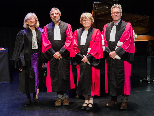 From left to right: Marie-Danièle Campion, Rector; Patrick Flandrin; Ingrid Daubechies; Jean-François Pinton