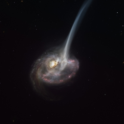 Vue d'artiste d'ID2299 qui montre la galaxie, fruit d'une collision galactique, et une partie de son gaz éjecté par une queue de marée à la suite de la fusion. © ESO/M. Kornmesser