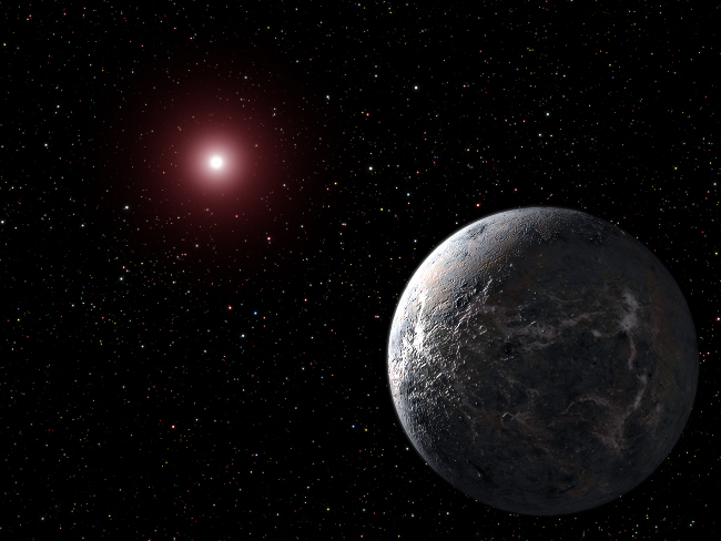 Vue d'artiste de OGLE-2005-BLG-390L b, probable planète glacée en orbite autour d'OGLE-2005-BLG-390L, probable étoile naine rouge.