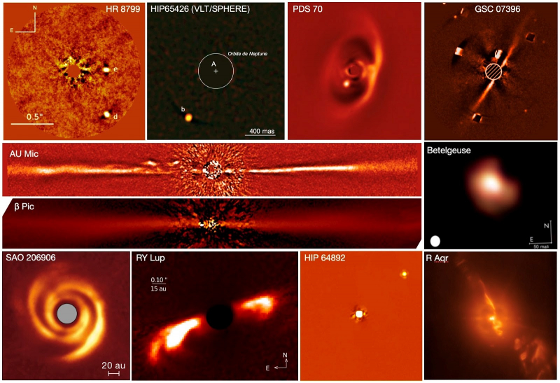 Galerie de résultats astrophysiques d'exoplanètes, de disques, d'étoiles jeunes et évoluées publiés par le consortium SPHERE depuis la première lumière de SPHERE en mai 2014.