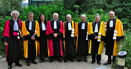 De gauche à droite : Alain Beretz, président de l'université de Strasbourg, Olivier Faron, Pinar Selek, Jacques Samarut, Jamaâ Baïda, Boualem Sansal, Eric Dayre et frédéric Abécassis. Photo Engin Akgurbuz