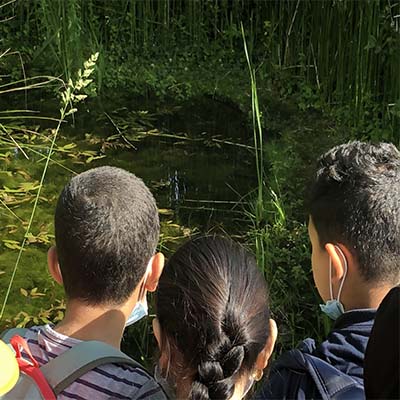 enfants devant la mare