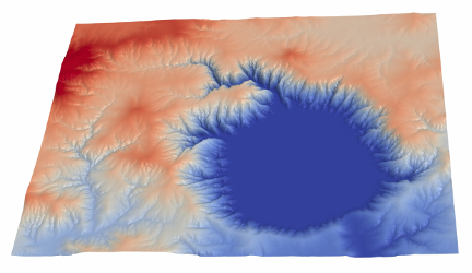 Modèle topographique d’érosion partant de la topographie actuelle et incluant la formation d’un lac au fond du cratère de Pantasma