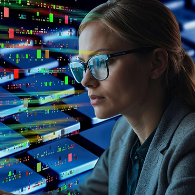 Une femme devant des écrans informatiques