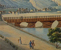 Illustration de couverture du livre Voyageuses britanniques au XVIIIe : Anonyme, Le pont Morand (en aval du quai de Retz) et les Brotteaux (détail), 18e siècle, aquarelle et gouache, Lyon, musées Gadagne